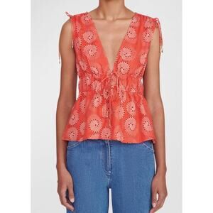STAUD Sleeveless Kendra Top Linen Drawstring Top Hibiscus Red Deep V Neck Sz M